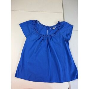 Banana Republic Women's Silk Top Blue Braided Neckline Cap‎ Sleeve Blouse M